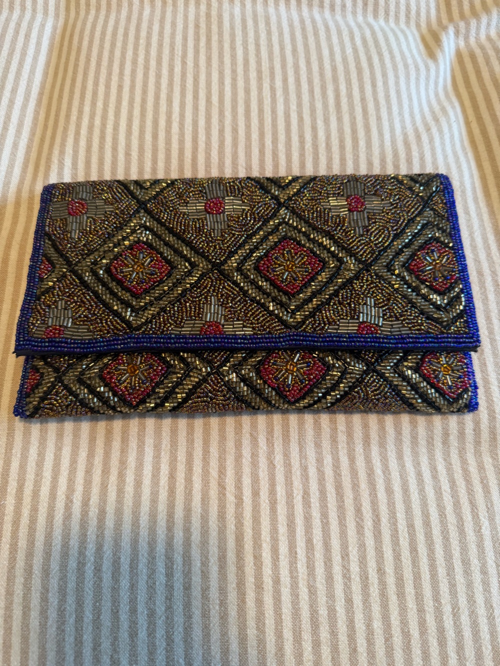 Anthropologie Beaded Diamond Clutch in Blue, Gold, Red